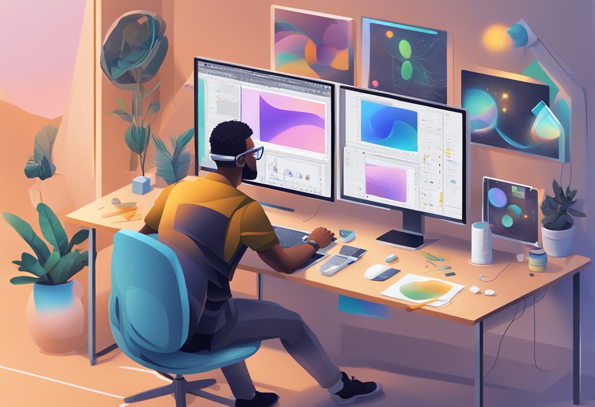 An artist using a computer to create graphics with AI software, surrounded by free AI design tools and image generators