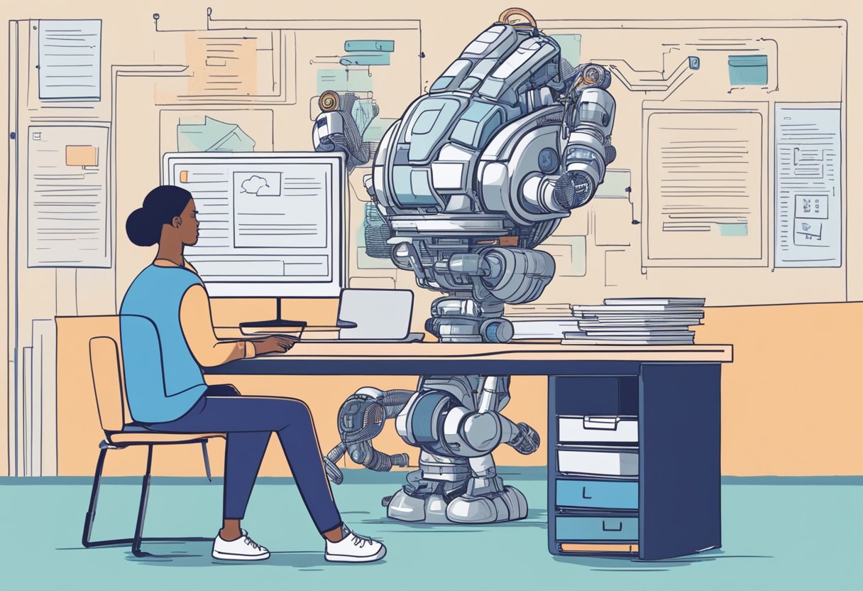 An AI program generating diverse content, while a human observes and contemplates its use for writing