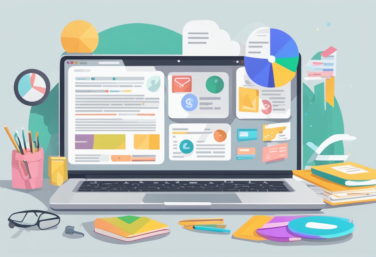 A laptop open to a Pinterest SEO guide, surrounded by colorful pins and keyword research materials