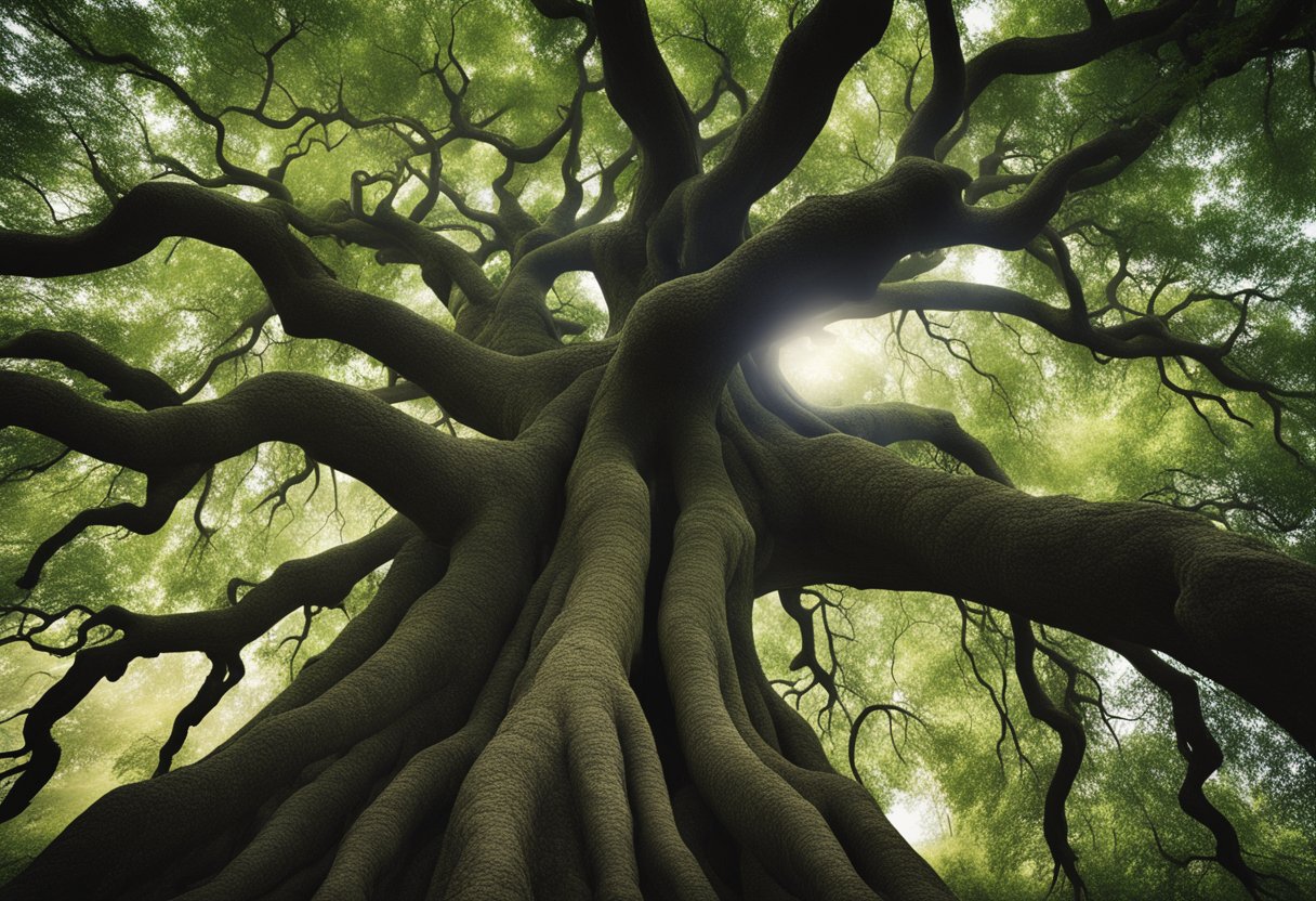 Uma árvore poderosa com raízes firmemente fincadas e galhos alcançando o céu, simbolizando força, crença, coragem e transformação. como no artigo Mulher: Você é a Força que o Mundo Precisa - Inspire-se a Acreditar, Ousar e Transformar!