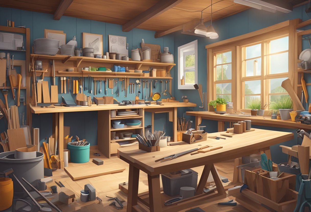 A cluttered workshop with tools and materials scattered around, a workbench with a half-finished DIY home improvement project, and a step-by-step construction guide open to the specific project being built