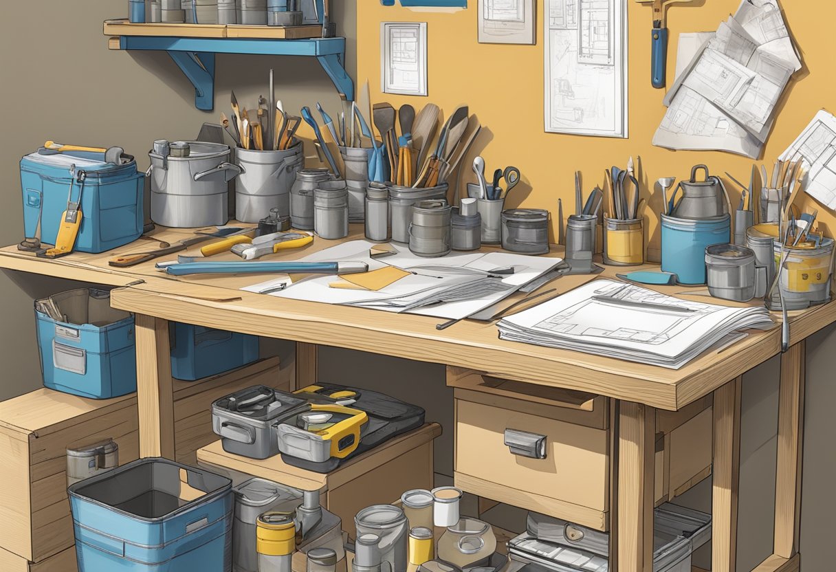 A cluttered workbench with tools, paint cans, and blueprints. A partially constructed project sits nearby, with a step-by-step guidebook open to the relevant page