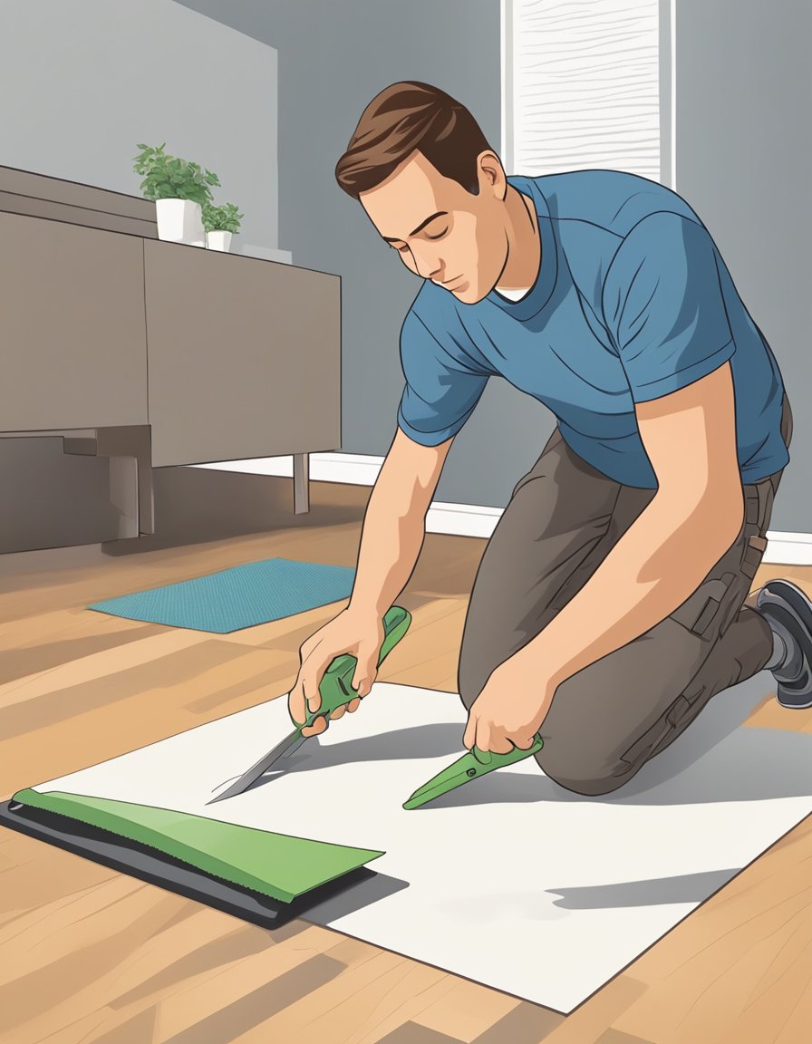 A person laying down vinyl flooring in a well-lit room, using a utility knife to trim the edges and a roller to press out any air bubbles