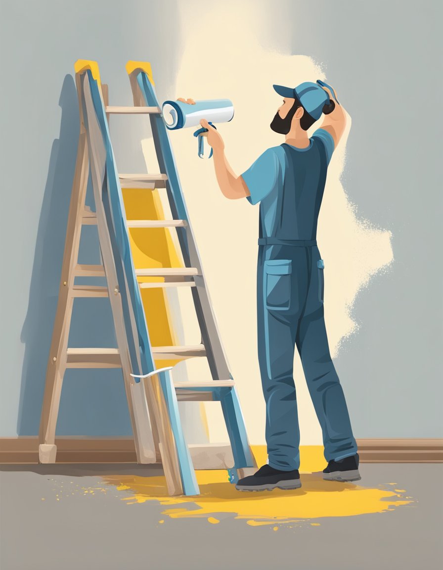 A painter using a roller to evenly coat a wall with paint, with a ladder and drop cloths nearby
