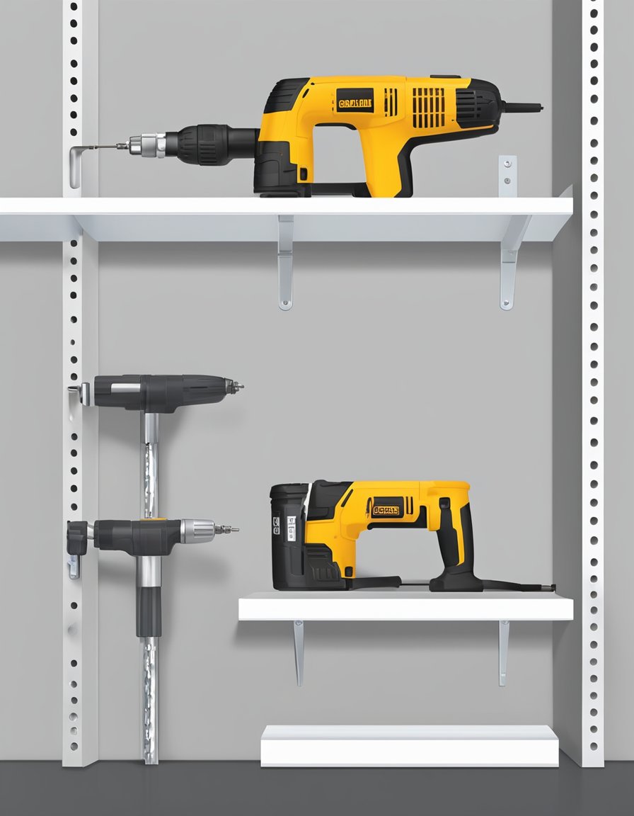 A drill creates holes in a wall, while a level ensures the shelf is straight. Brackets are attached, and the shelf is placed on top