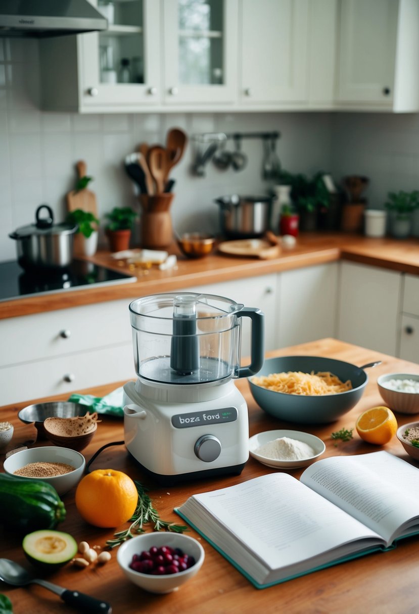 A messy kitchen counter with scattered ingredients and utensils, a baby food processor, and open recipe books