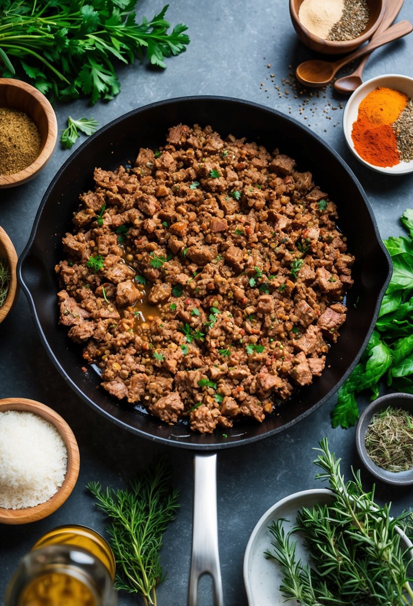 A skillet sizzling with ground beef, surrounded by various spices and fresh herbs