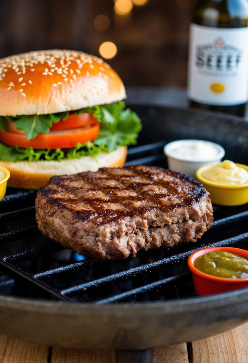 A sizzling beef patty on a grill, surrounded by condiments and a sesame seed bun