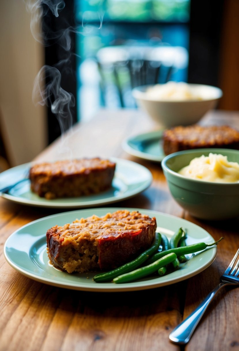 A table set with a steaming meatloaf, mashed potatoes, and green beans