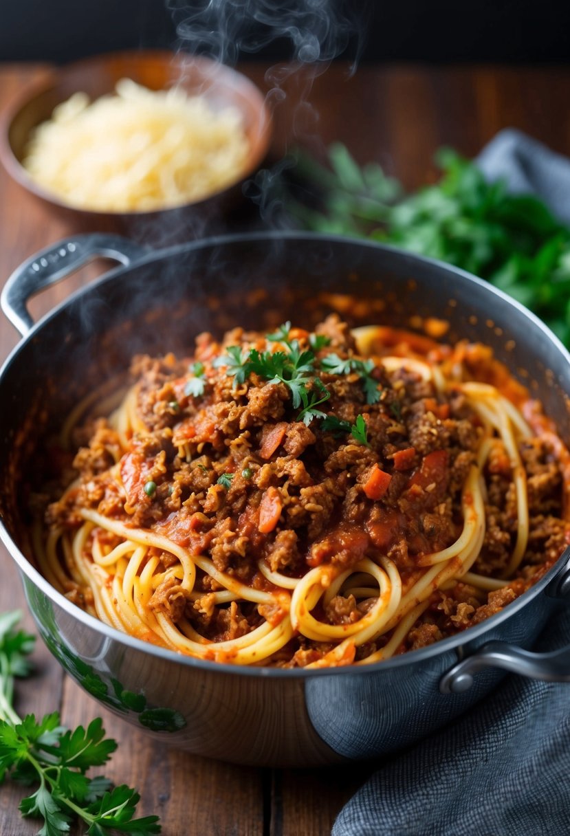 A steaming pot of pasta with rich Bolognese sauce, topped with savory ground beef and fresh herbs