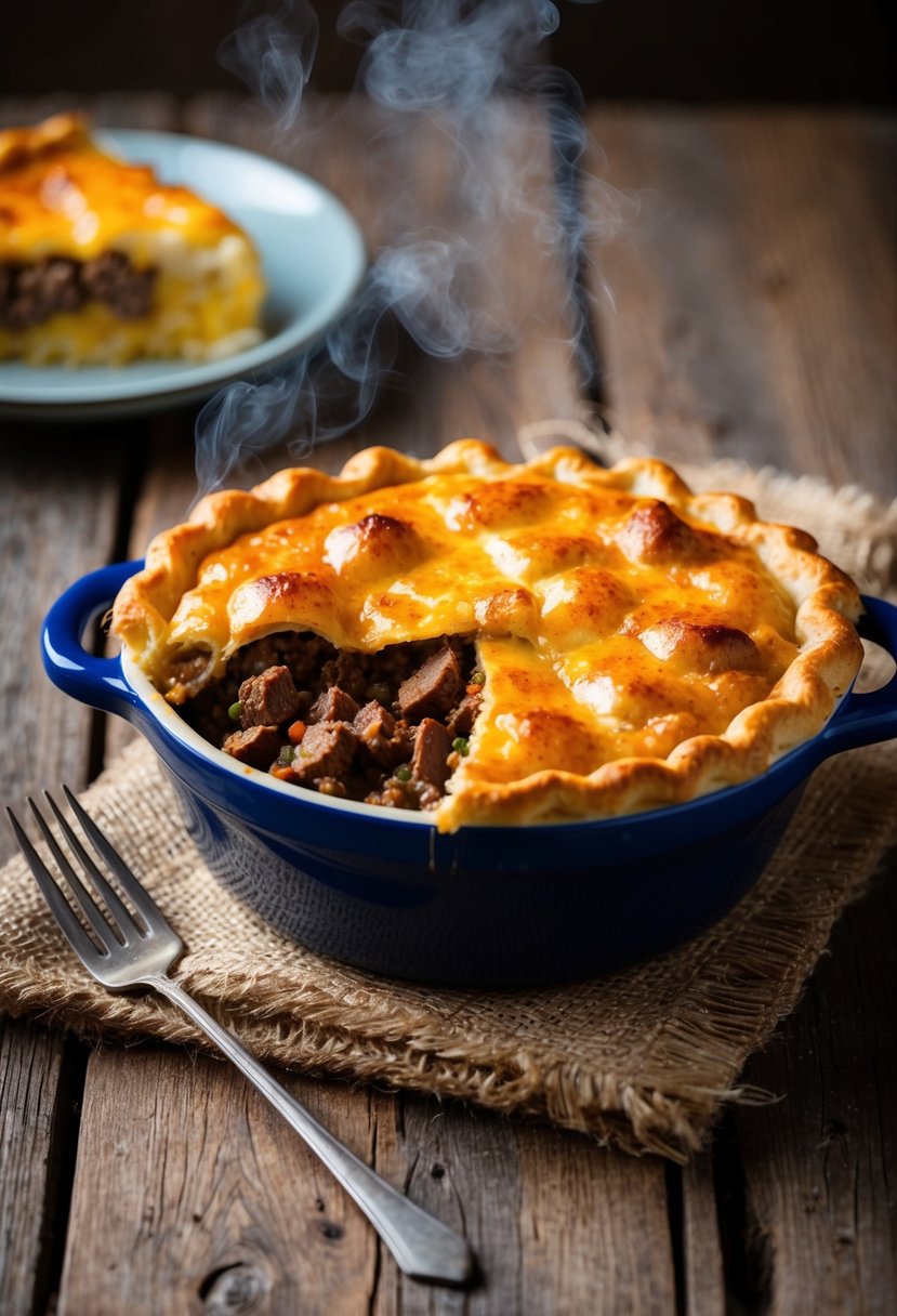 A steaming shepherd's pie sits on a rustic wooden table, with a golden brown crust and savory beef filling spilling out