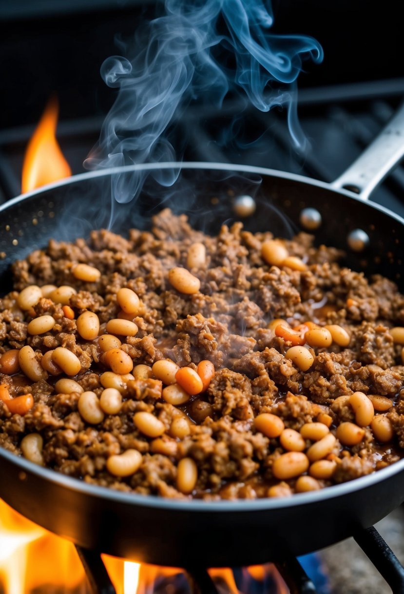 A sizzling skillet holds seasoned ground beef and beans cooking over an open flame. Smoke rises as the savory aroma fills the air