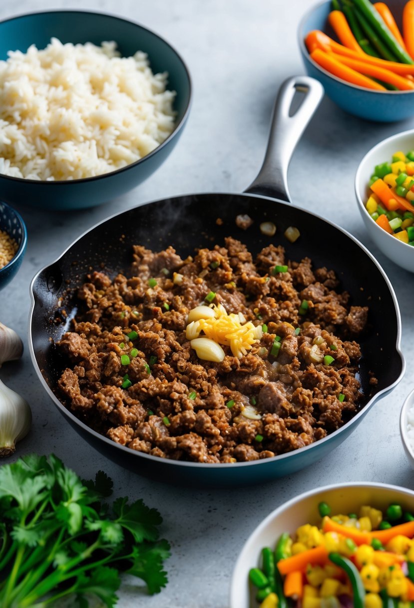 A sizzling skillet with seasoned ground beef, garlic, and ginger, surrounded by bowls of fluffy rice and colorful vegetables