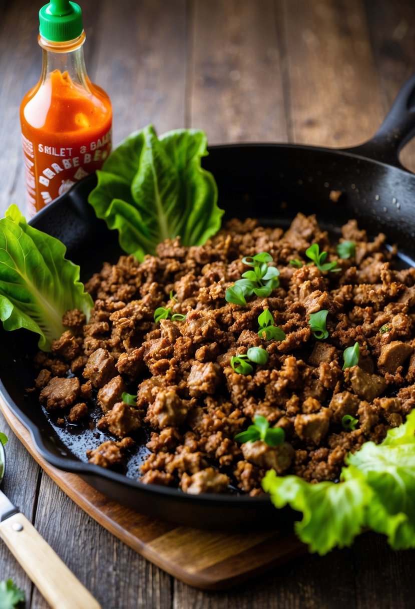 A sizzling skillet of ground beef, surrounded by vibrant green lettuce leaves and a bottle of Sriracha sauce