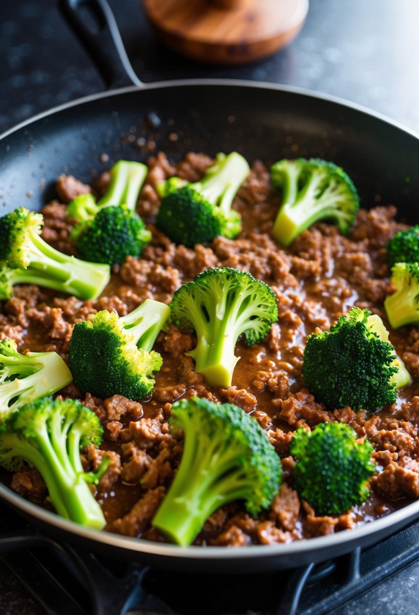 A sizzling skillet with ground beef and broccoli cooking together