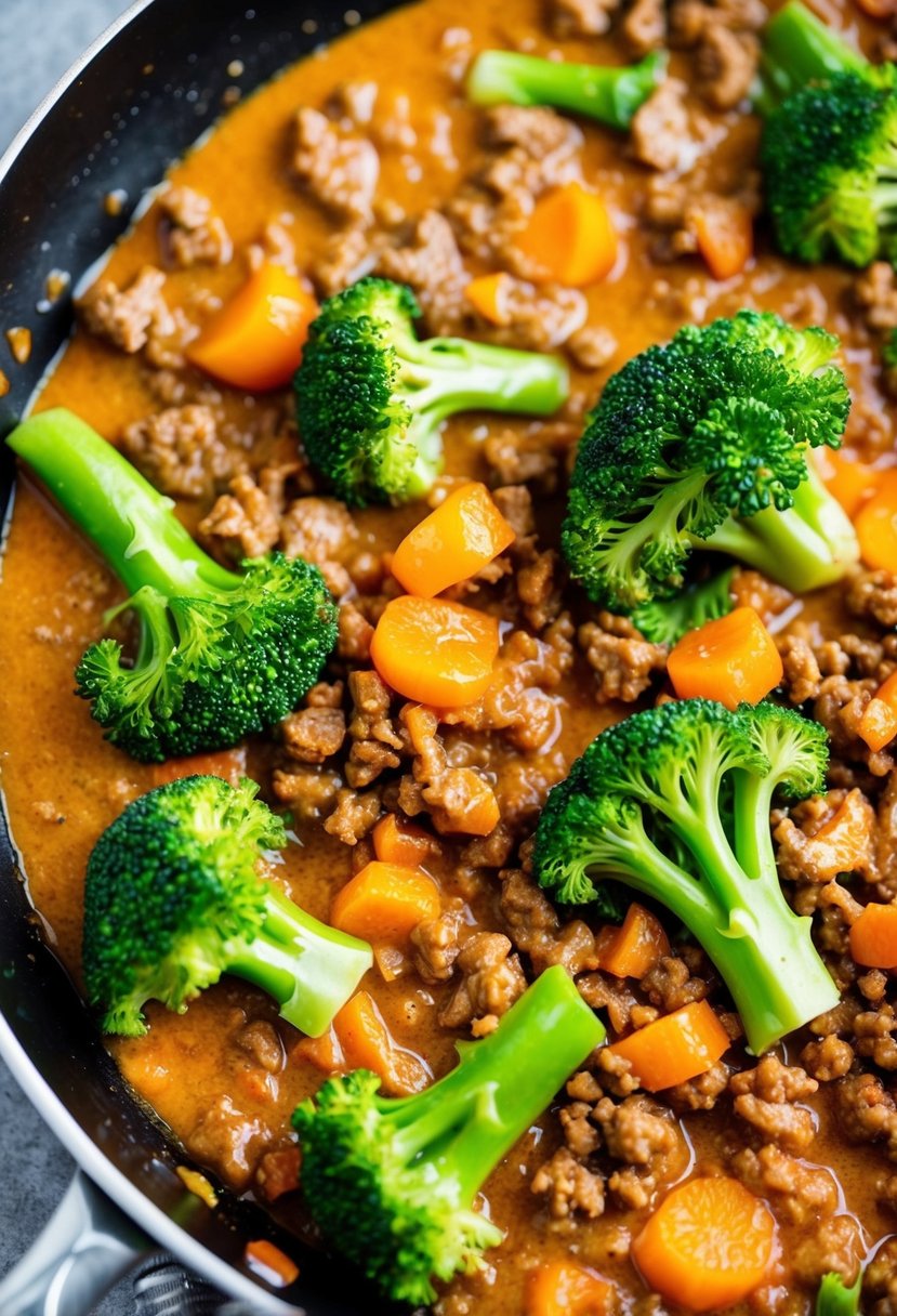 A sizzling skillet of ground beef, orange sauce, and vibrant green broccoli florets