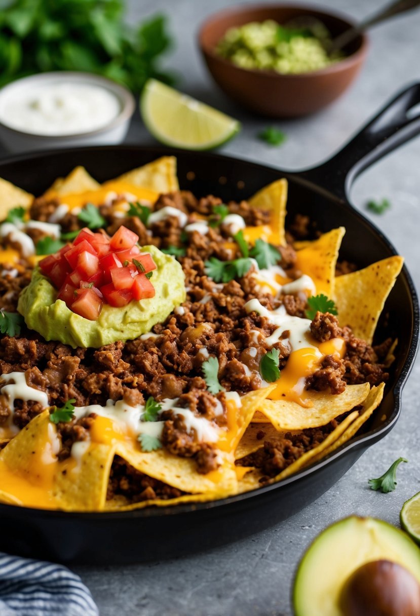 A sizzling skillet of nachos topped with seasoned ground beef, melted cheese, fresh salsa, and creamy guacamole