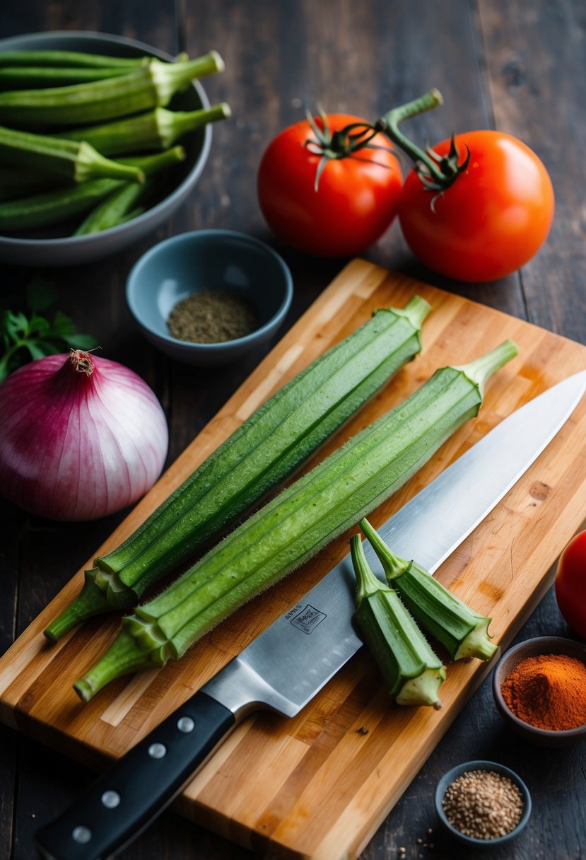 Fresh okra, tomatoes, and onions on a wooden cutting board. A chef's knife and a bowl of spices sit nearby