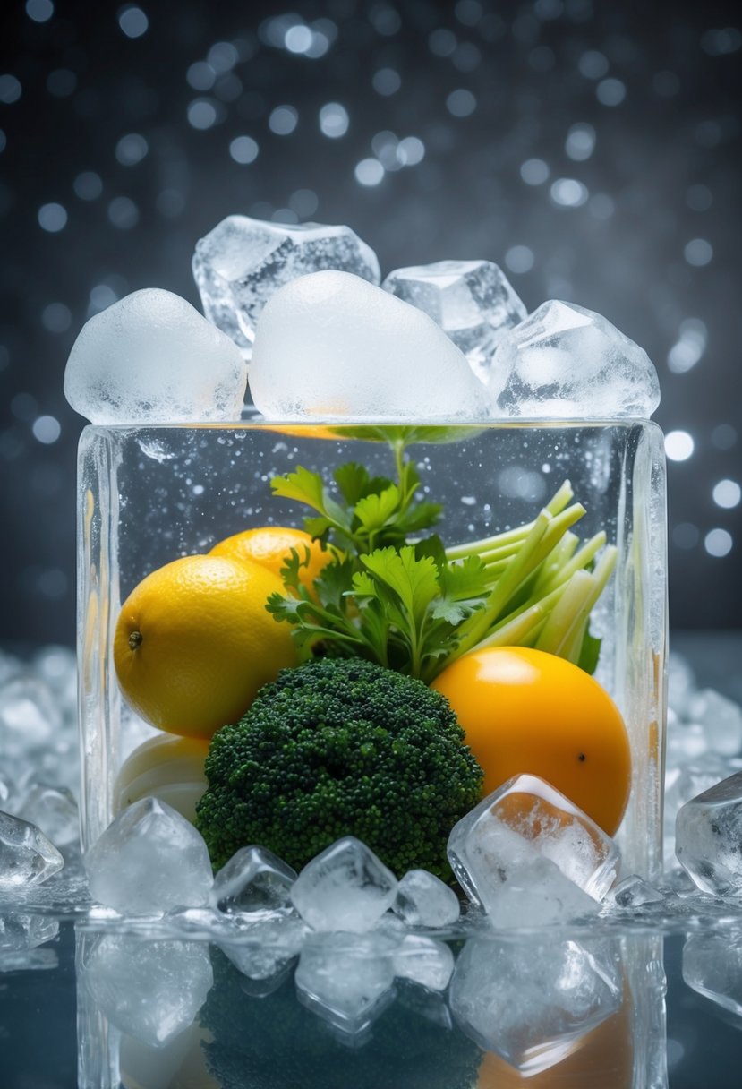 Fresh ingredients surrounded by a cloud of ice crystals, encased in a transparent block of ice