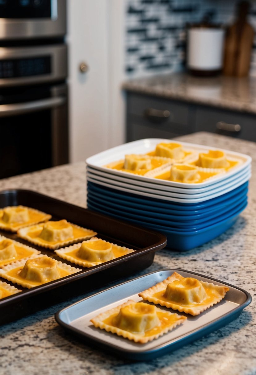 A tray of baked beef ravioli sits on a kitchen counter next to a stack of freezer-safe containers