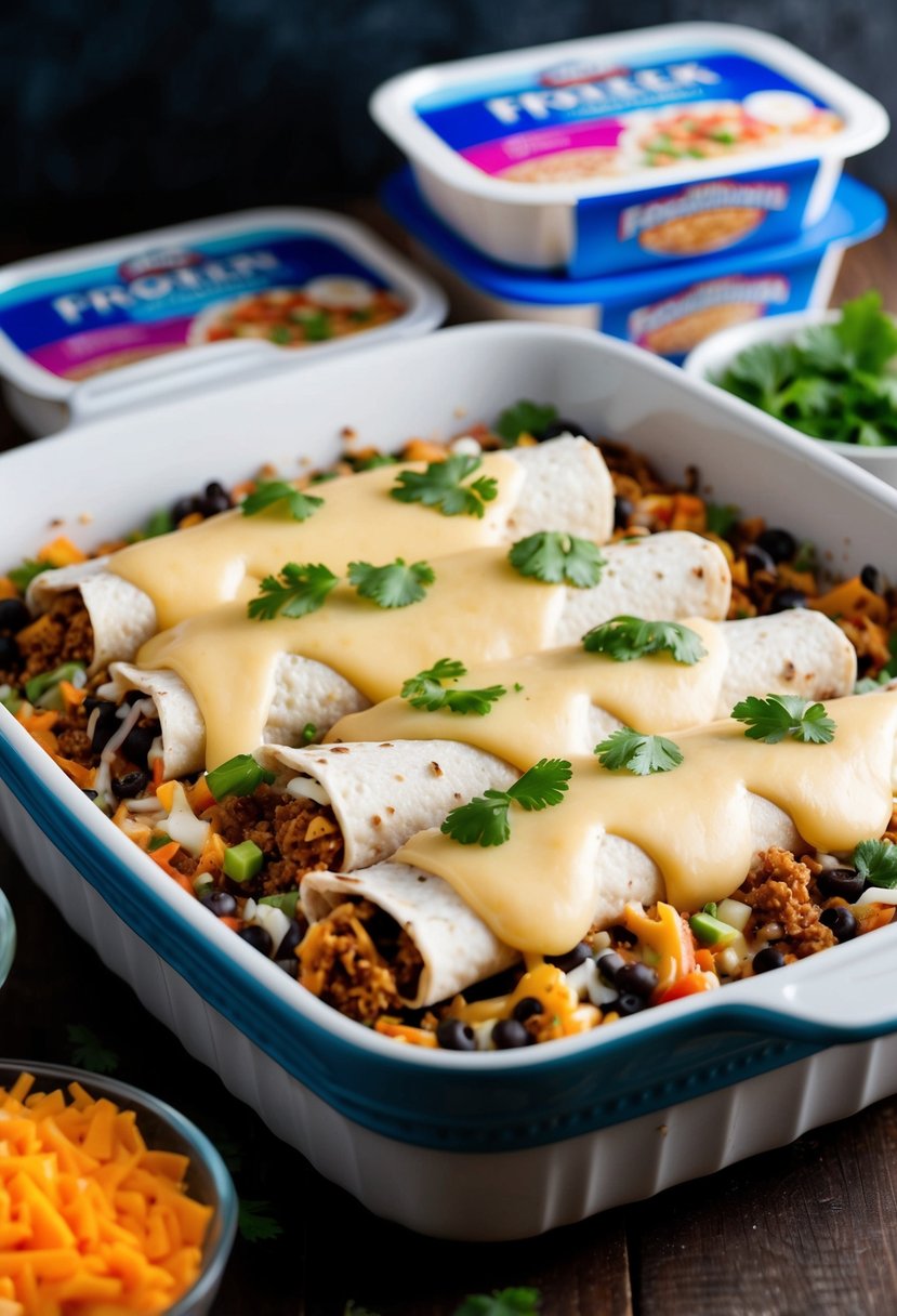 A baking dish filled with layers of burrito ingredients, covered with a layer of melted cheese, and surrounded by frozen meal containers