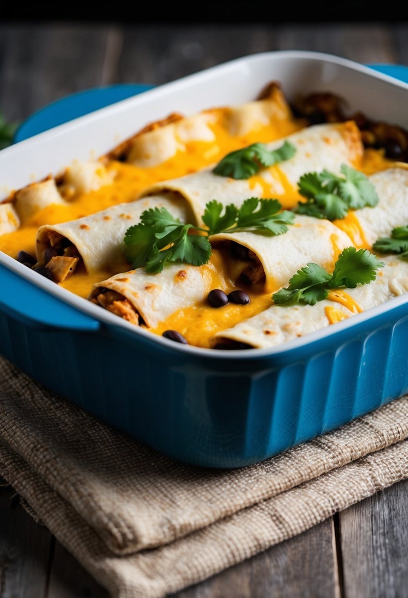 A baking dish filled with cheesy chicken and black bean enchiladas, wrapped in a corn tortilla, ready to be placed in the freezer