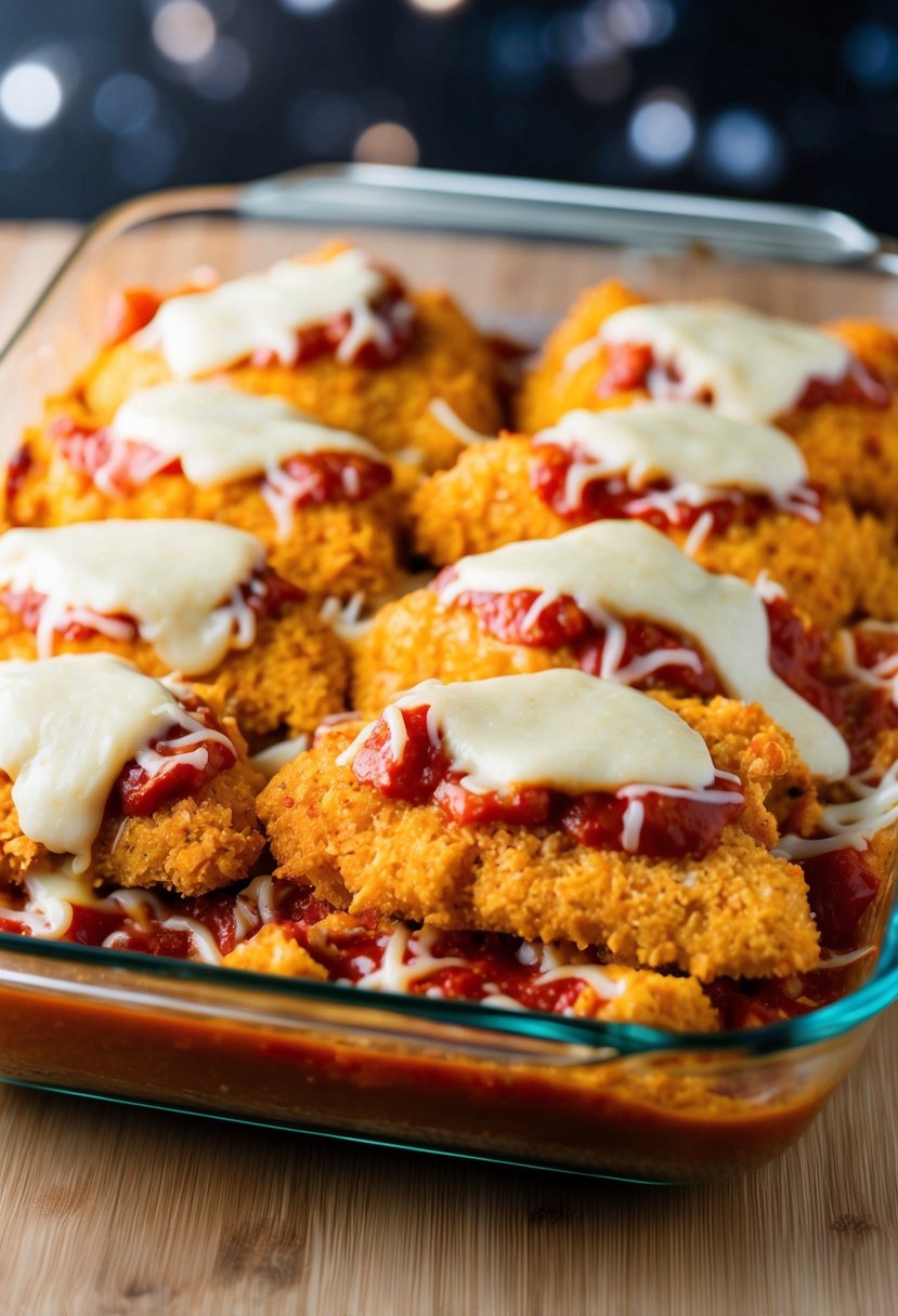 A baking dish filled with layers of breaded chicken, marinara sauce, and melted cheese, ready to be placed in the freezer