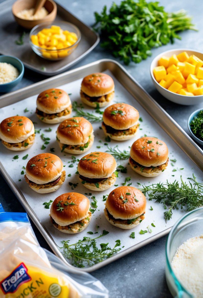 Mini chicken burgers arranged with herbs on a tray, surrounded by ingredients and freezer bags