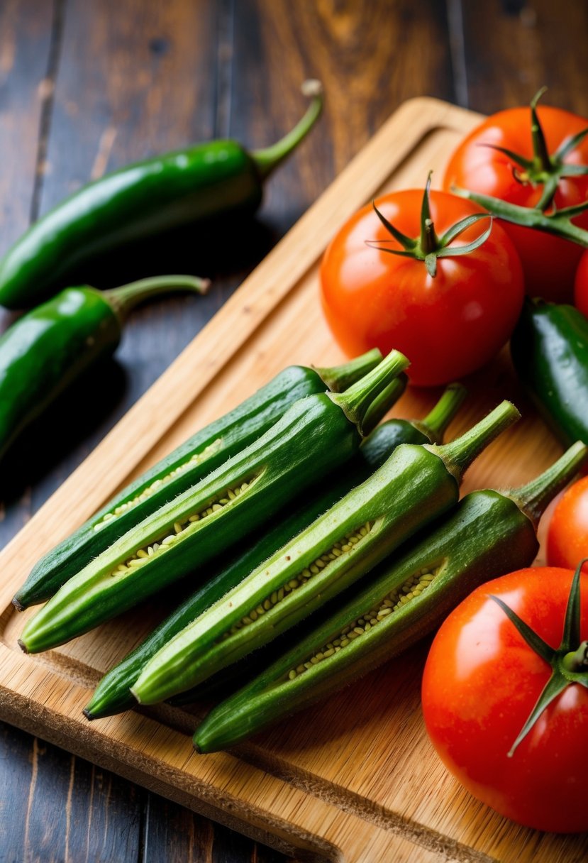 Fresh okra, jalapenos, and tomatoes arranged on a wooden cutting board