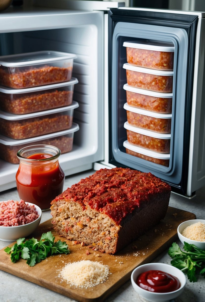 A freshly baked meatloaf sits on a cutting board, surrounded by ingredients like ground beef, breadcrumbs, and ketchup. A freezer door is open, revealing containers of frozen meatloaf ready for future meals