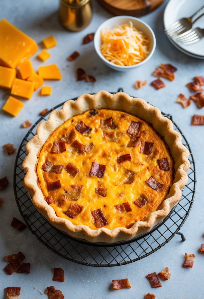 A golden-brown deep-dish quiche sits on a wire cooling rack, surrounded by scattered bacon and cheddar cheese