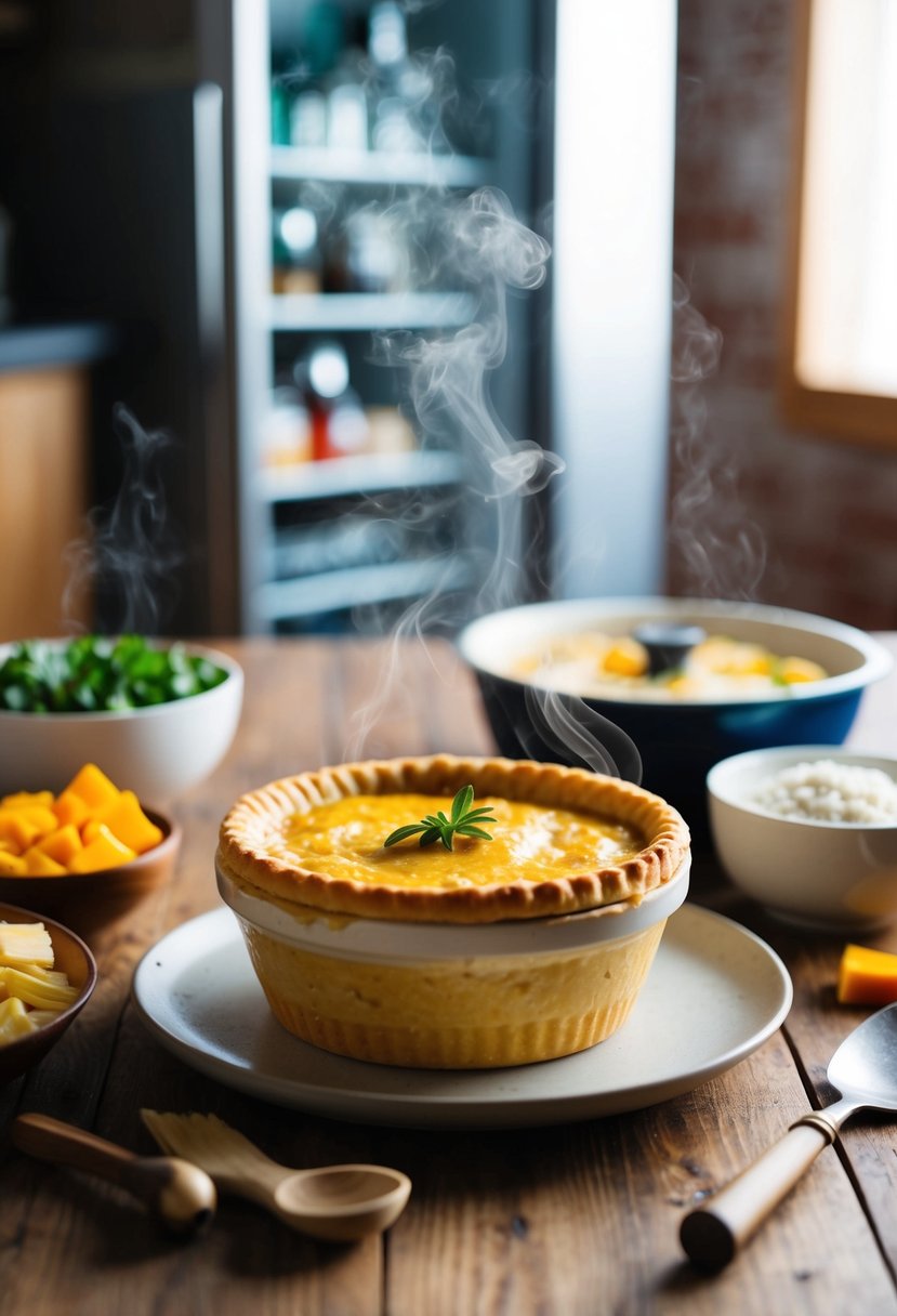 A steaming chicken pot pie sits on a wooden table, surrounded by ingredients and a freezer in the background