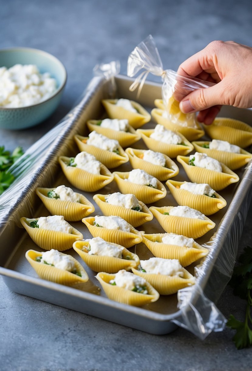 A tray of stuffed shells with ricotta being wrapped in plastic wrap for freezing