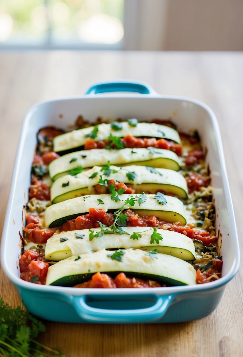 A baking dish filled with layers of zucchini, cheese, tomato sauce, and herbs, ready to be placed in the oven