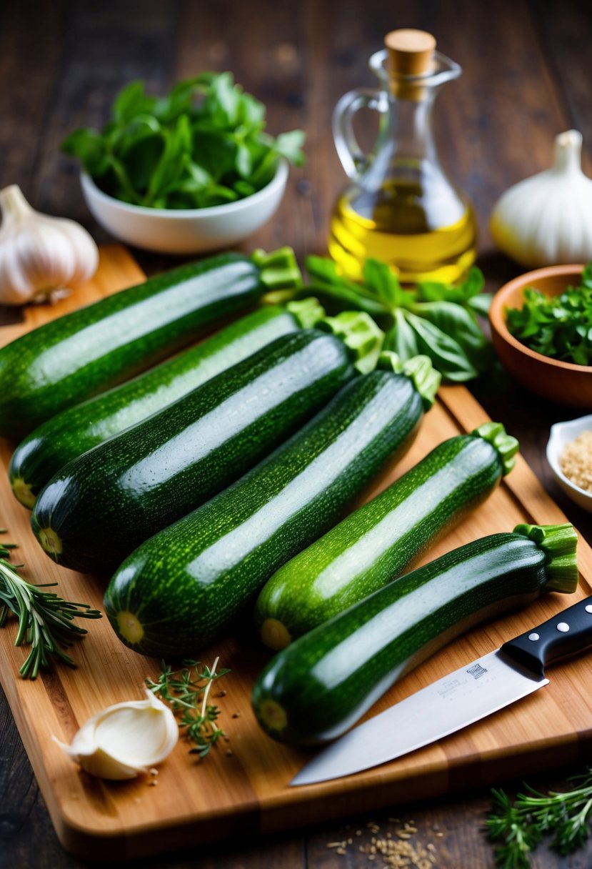 Fresh zucchinis arranged on a wooden cutting board with a chef's knife and various ingredients like garlic, herbs, and olive oil nearby