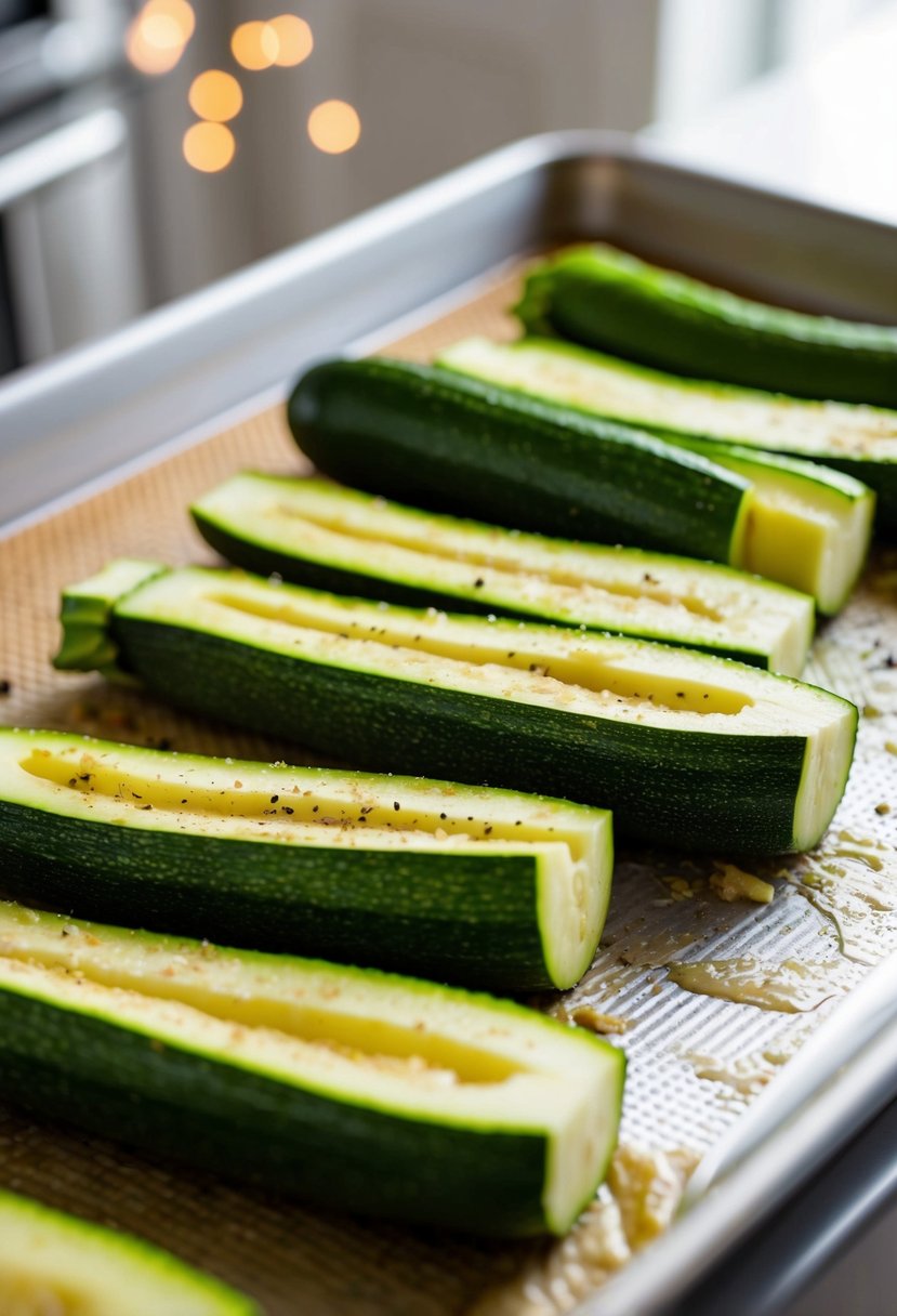 Fresh zucchinis being sliced and seasoned, then placed on a baking sheet before being put into the oven