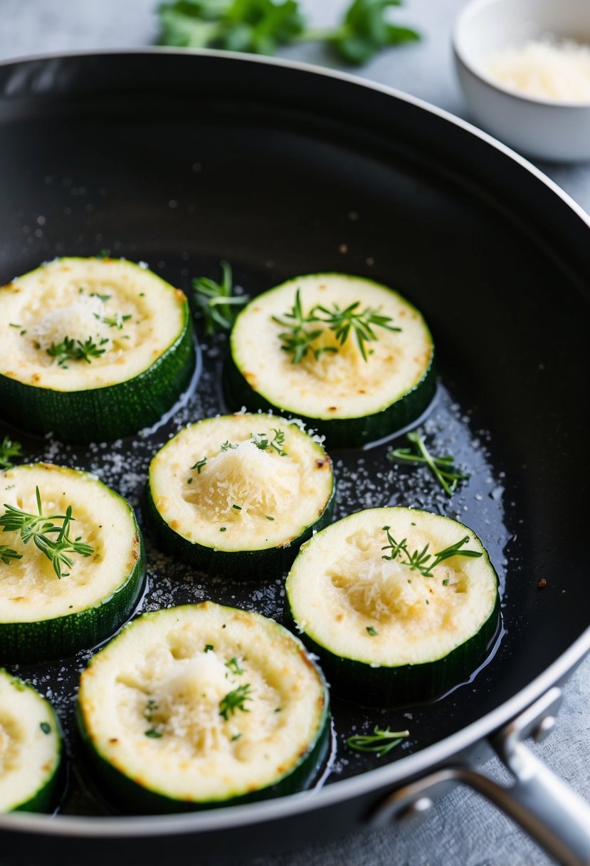 Fresh zucchini slices sizzling in a pan, topped with grated Parmesan and herbs