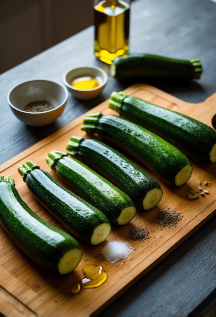 Fresh zucchinis on a wooden cutting board, surrounded by olive oil, salt, and pepper, ready for roasting