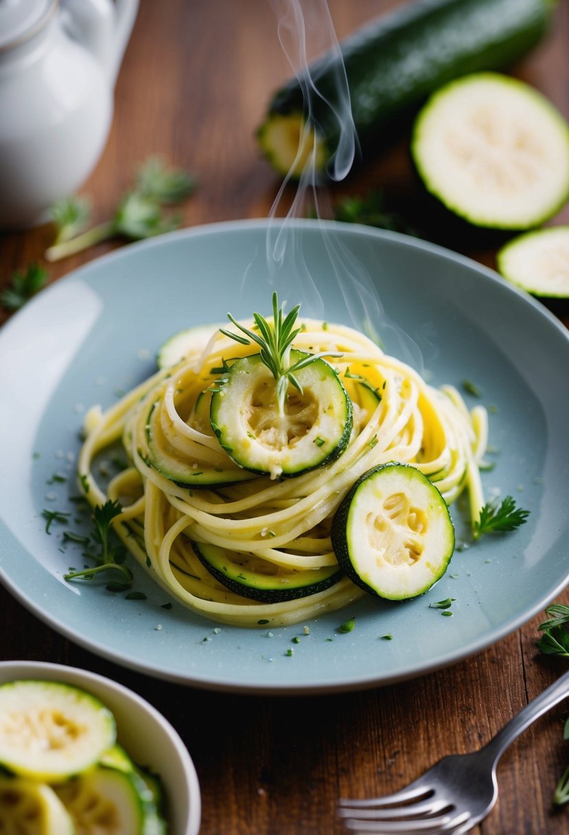 A steaming plate of zucchini butter pasta with fresh zucchini slices and herbs