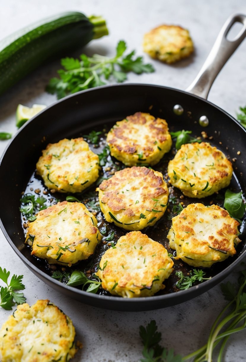 A sizzling skillet of golden zucchini fritters surrounded by fresh zucchini and herbs