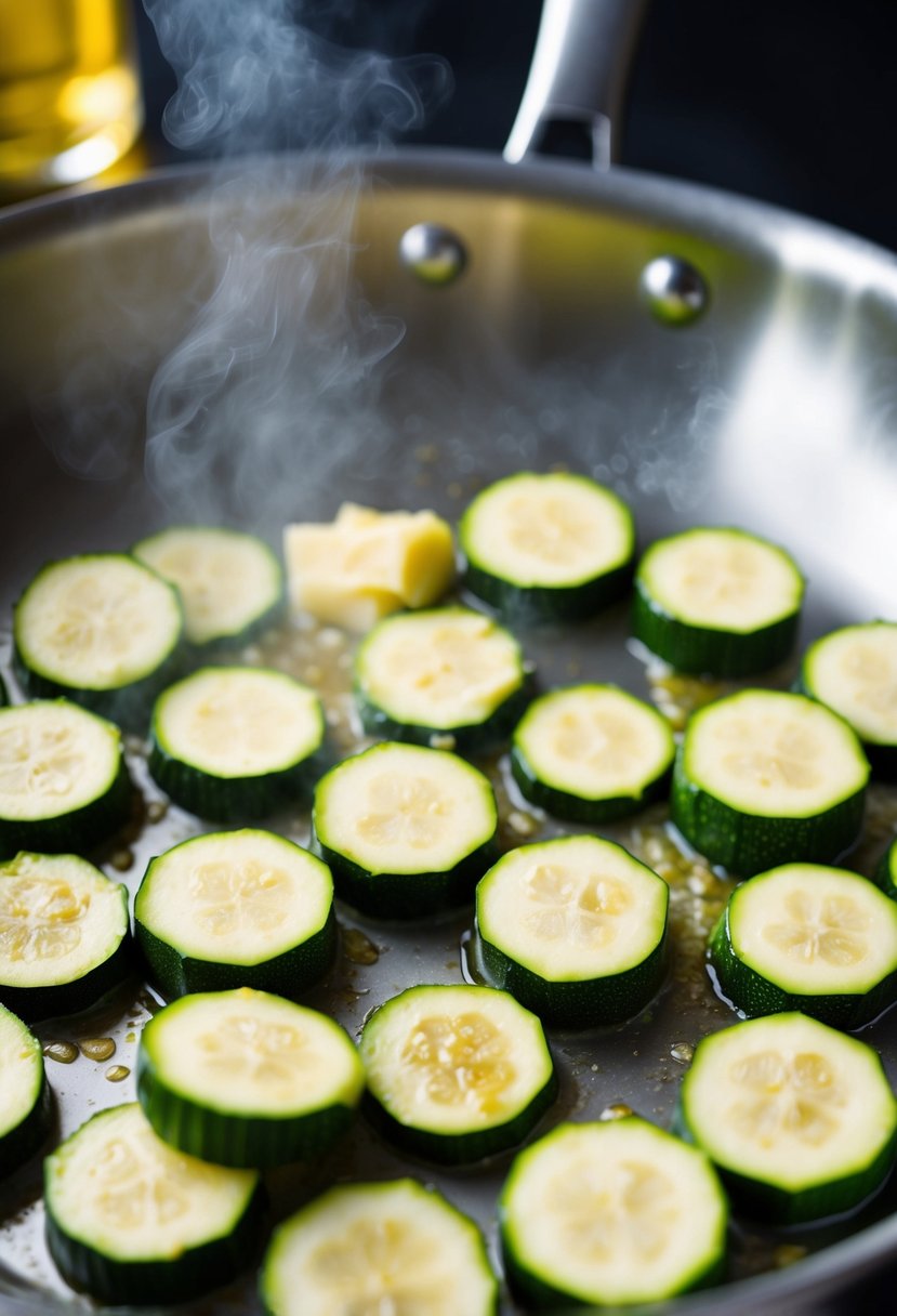 Fresh zucchini slices sizzling in a pan with garlic butter, emitting a savory aroma