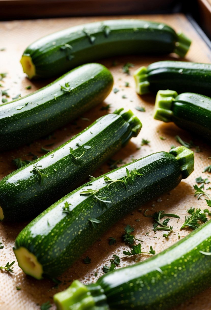 Fresh zucchinis sprinkled with herbs on a baking sheet, ready to be roasted