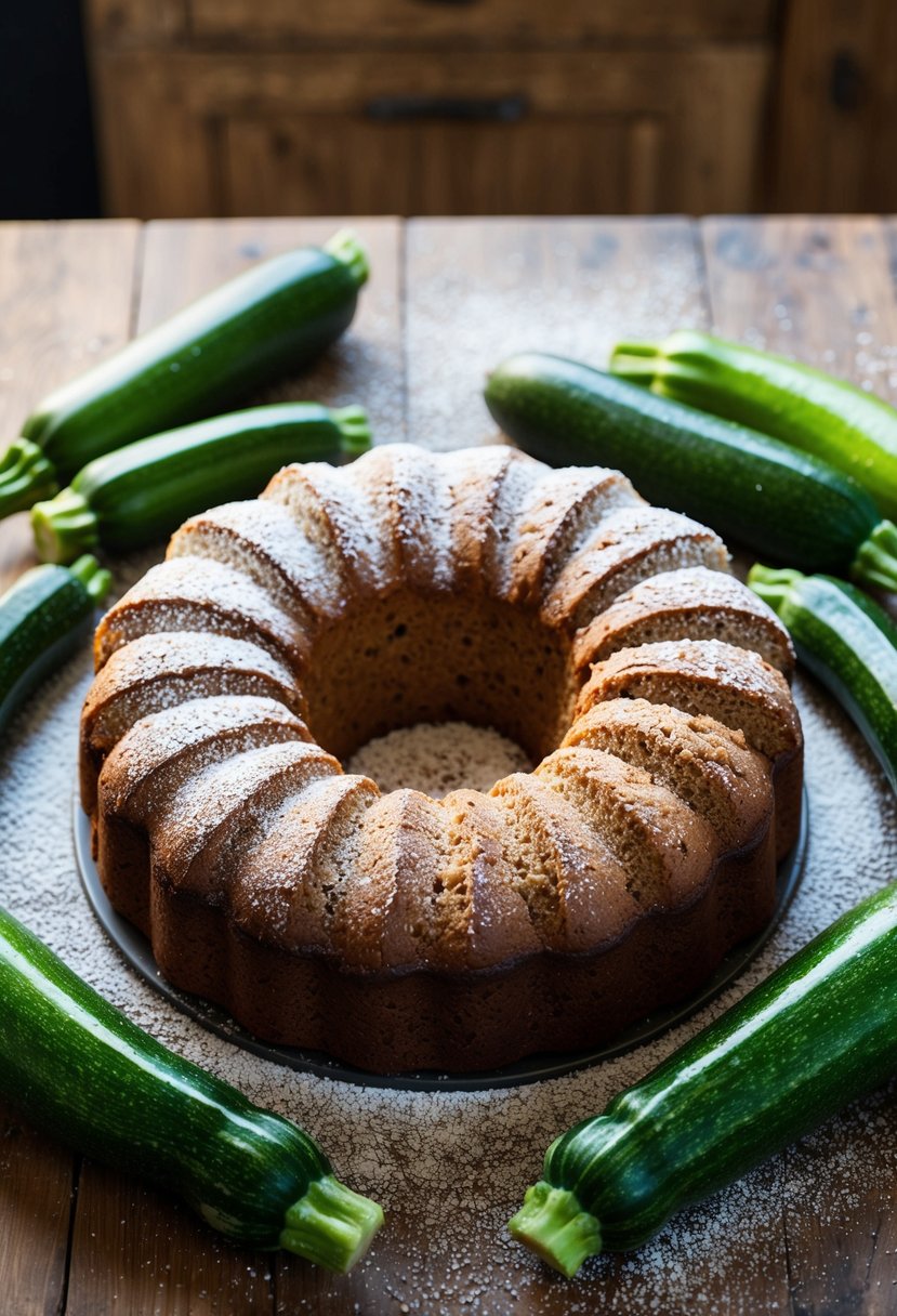 A rustic kitchen table with a freshly baked zucchini cake surrounded by vibrant green zucchinis and a dusting of powdered sugar