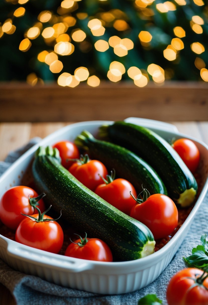 Fresh zucchinis and ripe tomatoes arranged in a baking dish