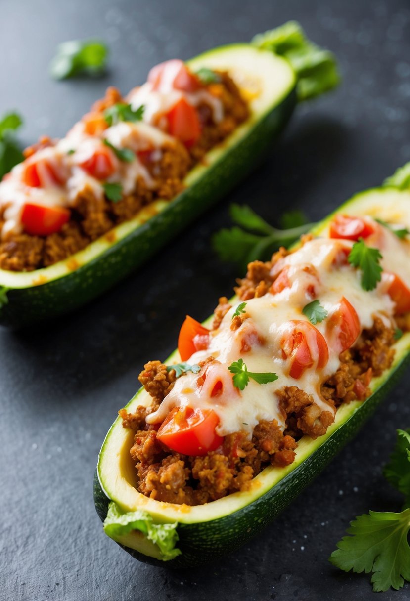 Fresh zucchinis hollowed out and filled with a savory mixture of ground meat, tomatoes, and herbs, topped with melted cheese