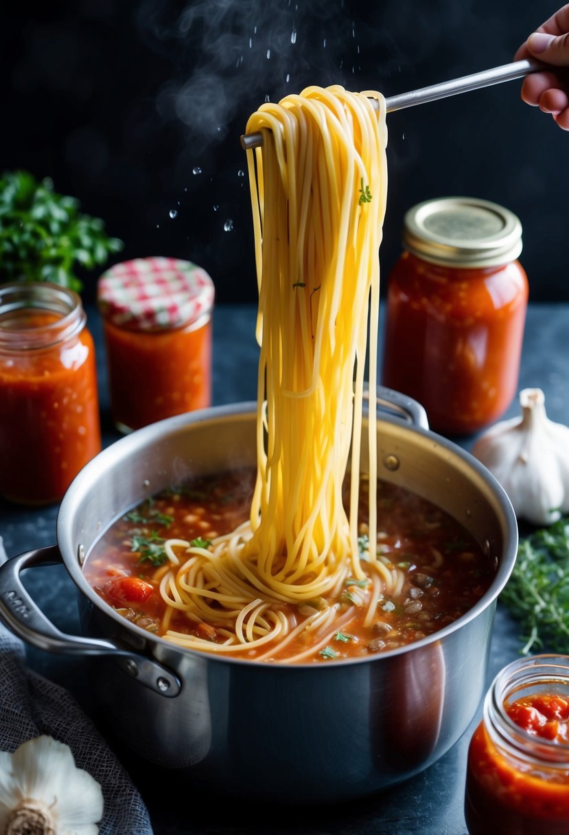 A pot of boiling water with spaghetti noodles being dropped in, surrounded by jars of tomato sauce, garlic, and herbs