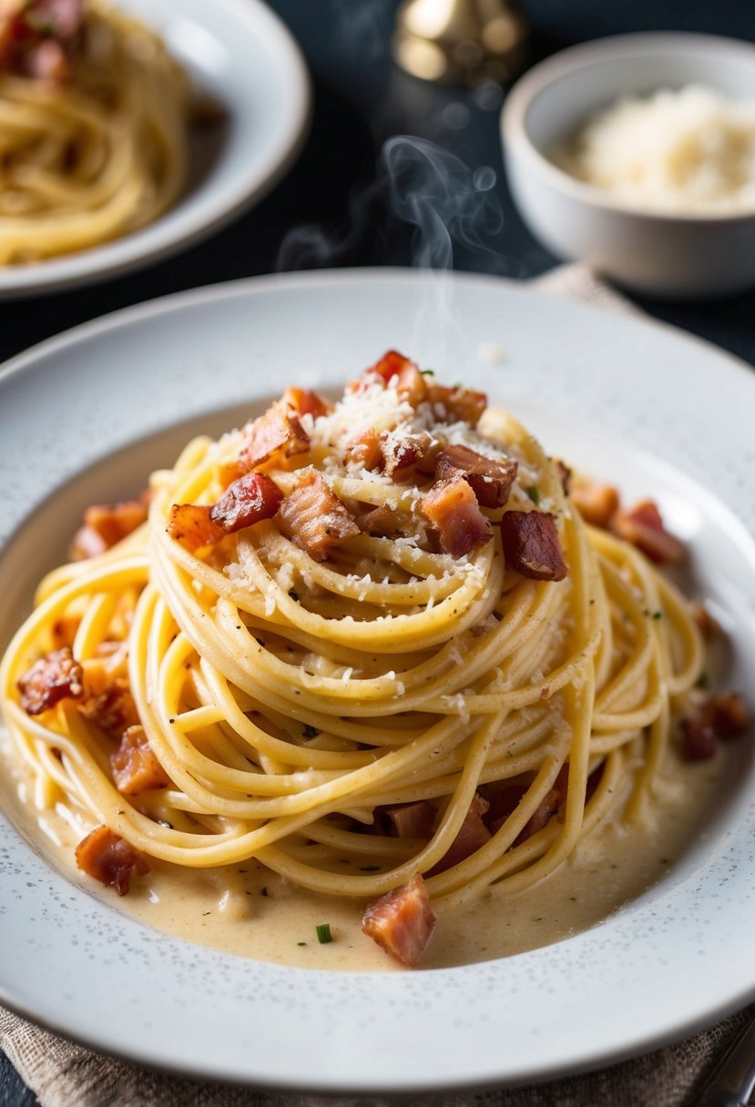 A steaming plate of spaghetti carbonara with crispy pancetta, creamy sauce, and a sprinkle of freshly grated Parmesan cheese