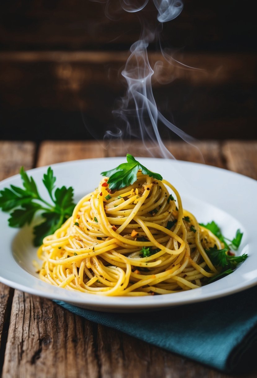 A steaming plate of spaghetti Aglio e Olio with fresh parsley and red pepper flakes on a rustic wooden table