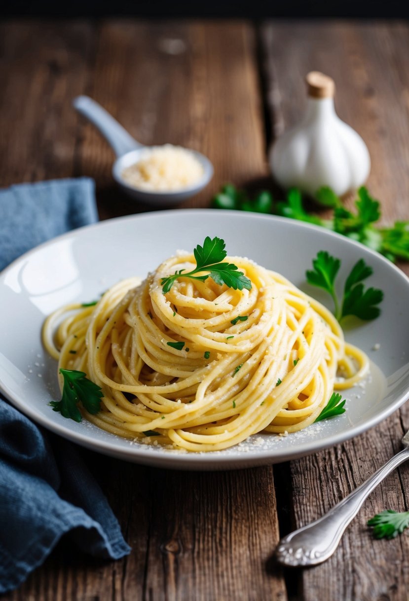 A steaming plate of creamy garlic parmesan spaghetti with a sprinkle of fresh parsley on a rustic wooden table