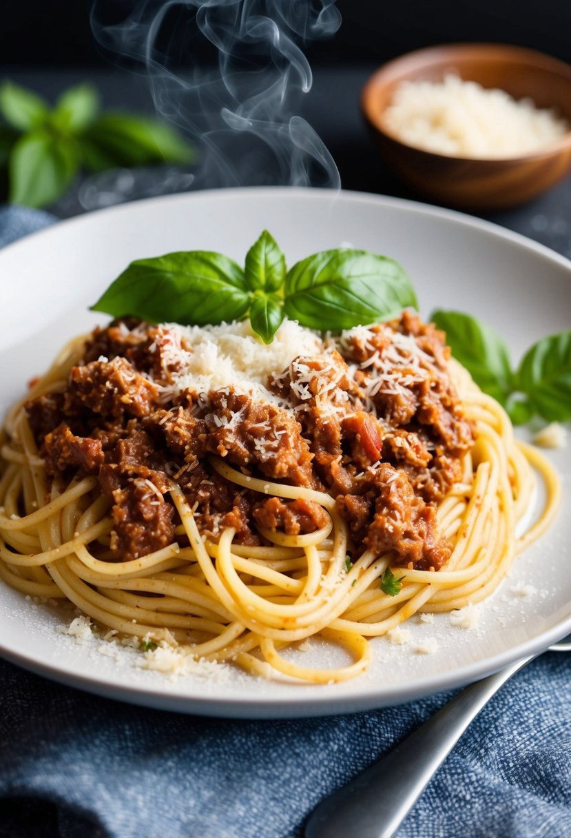 A steaming plate of spaghetti bolognese topped with grated parmesan cheese and fresh basil leaves